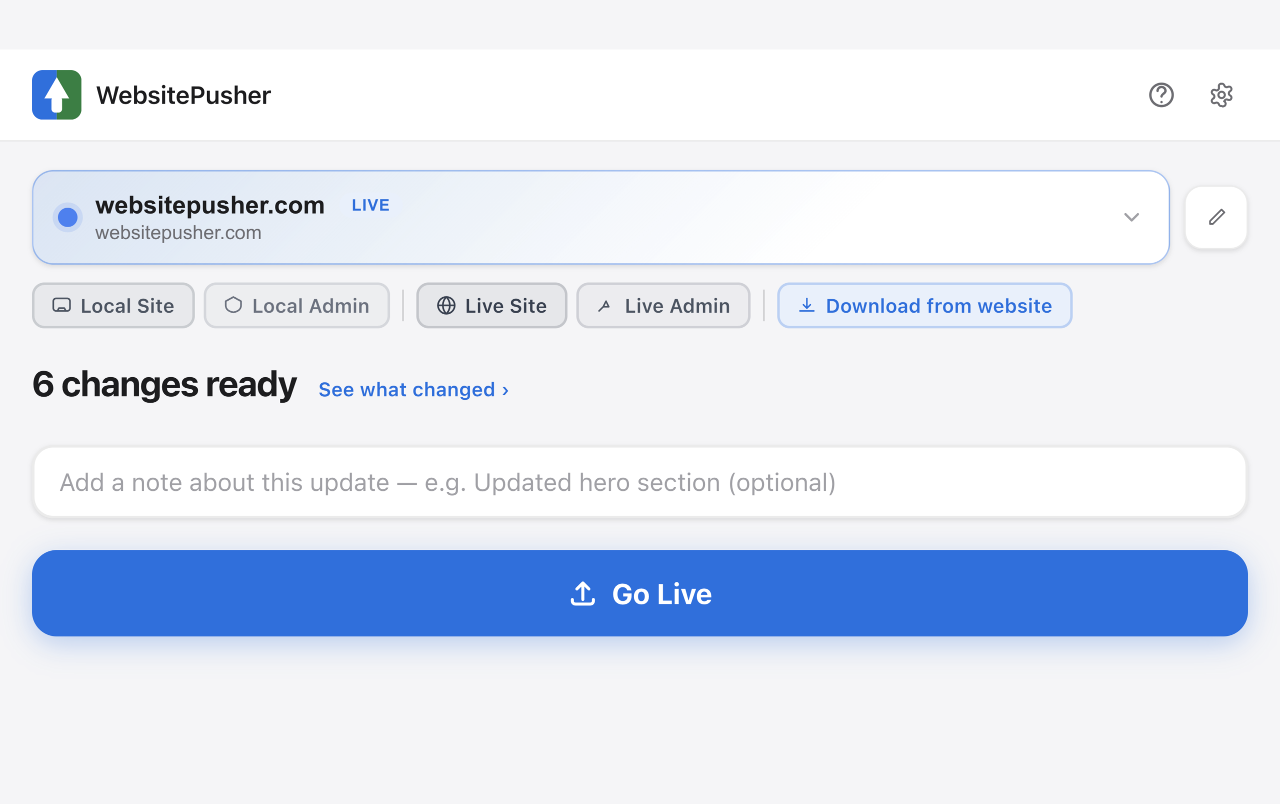 WebsitePusher app showing 6 file changes ready to push live