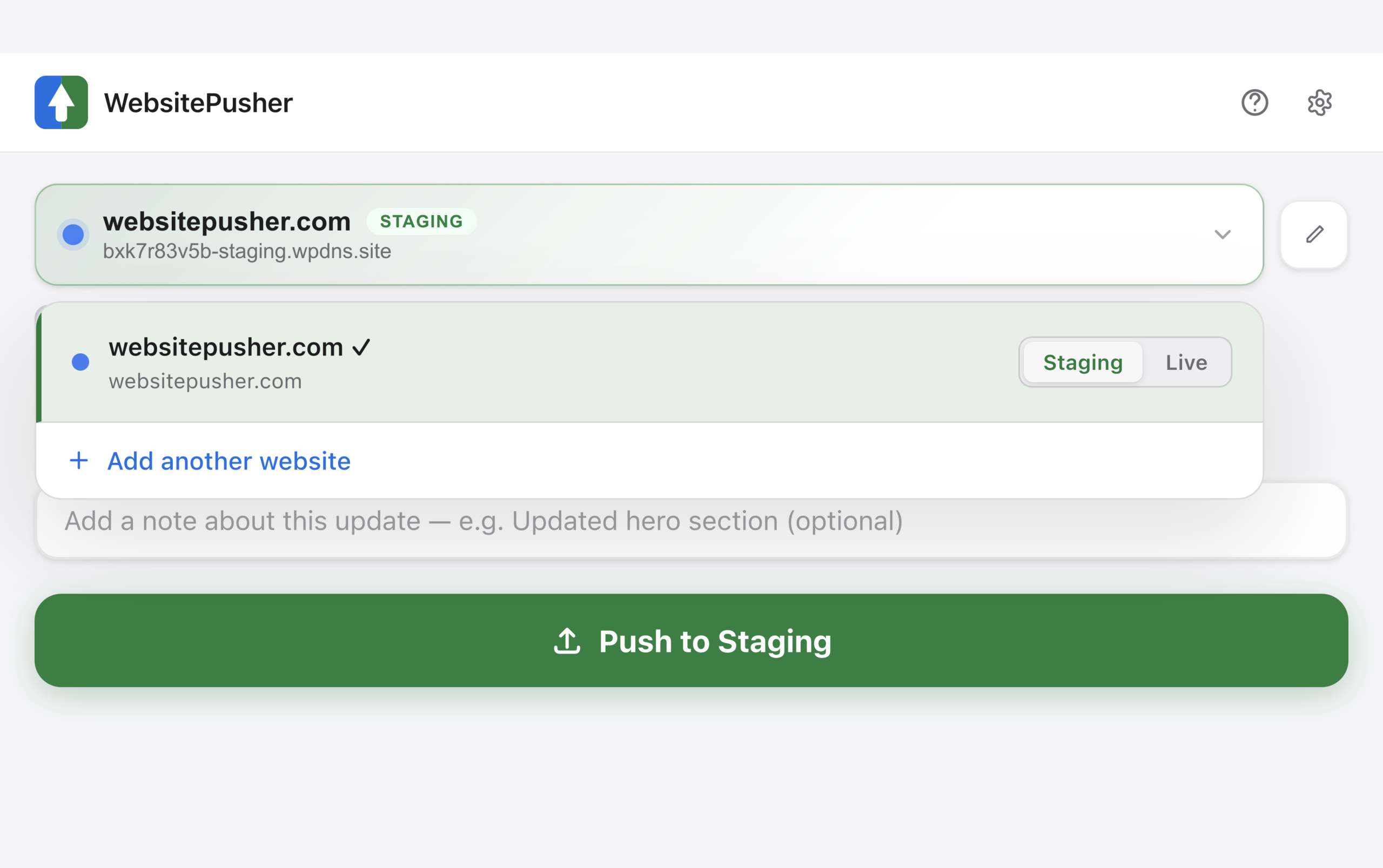WebsitePusher in staging mode with green Push to Staging button