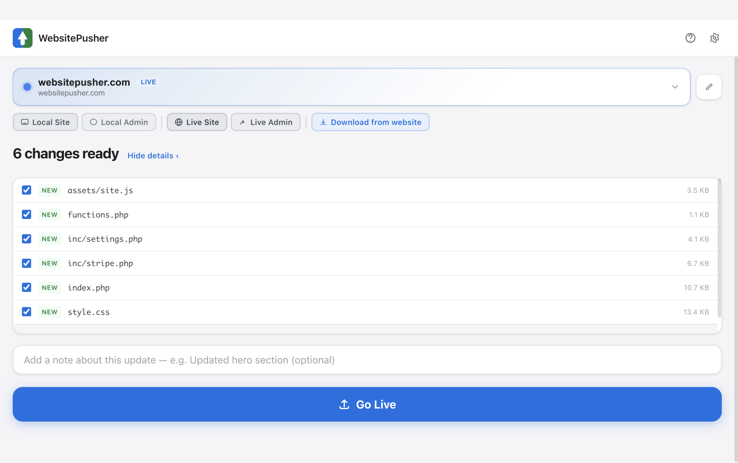 WebsitePusher showing a list of changed files ready to push