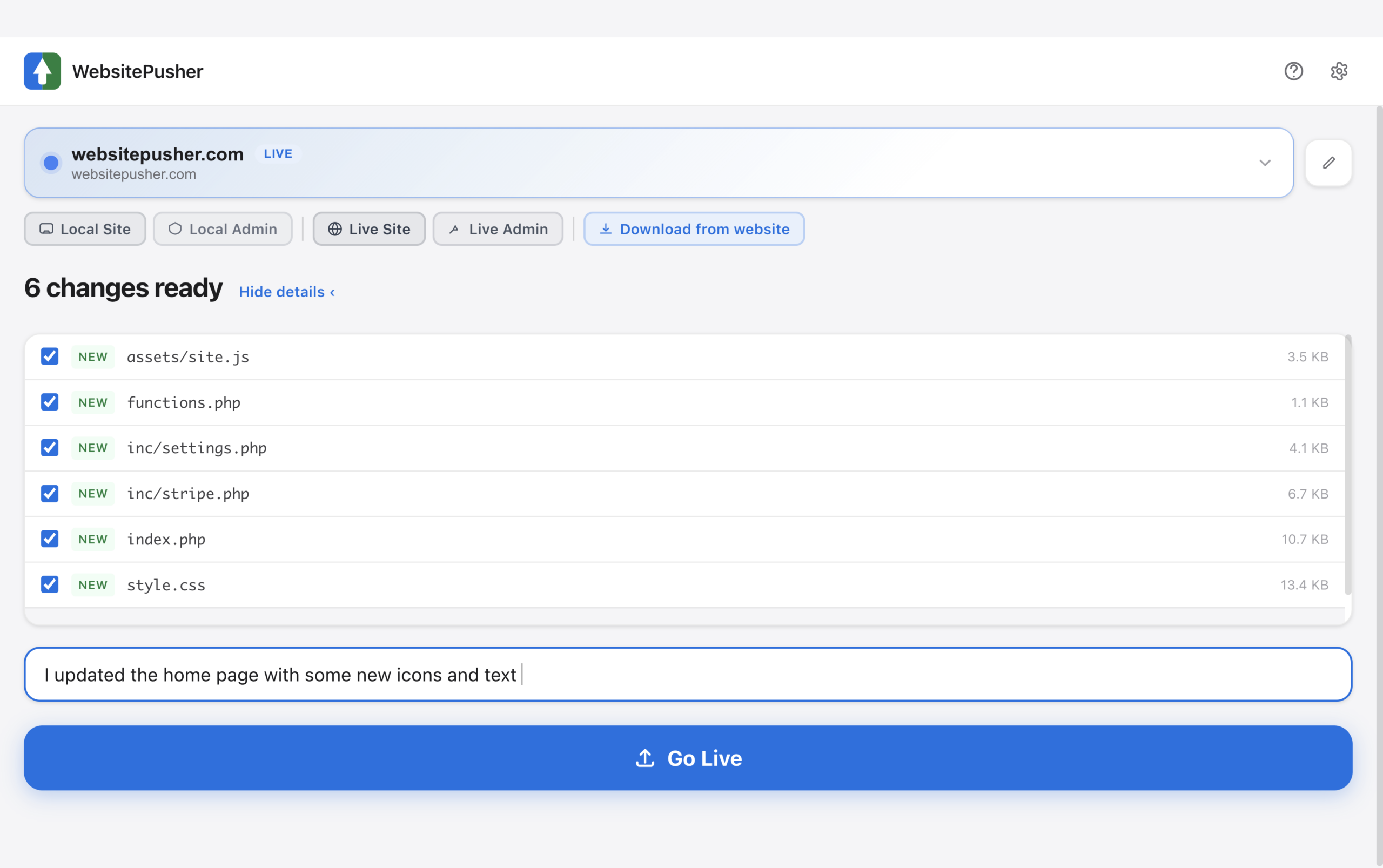 WebsitePusher with a deployment note typed in before pushing