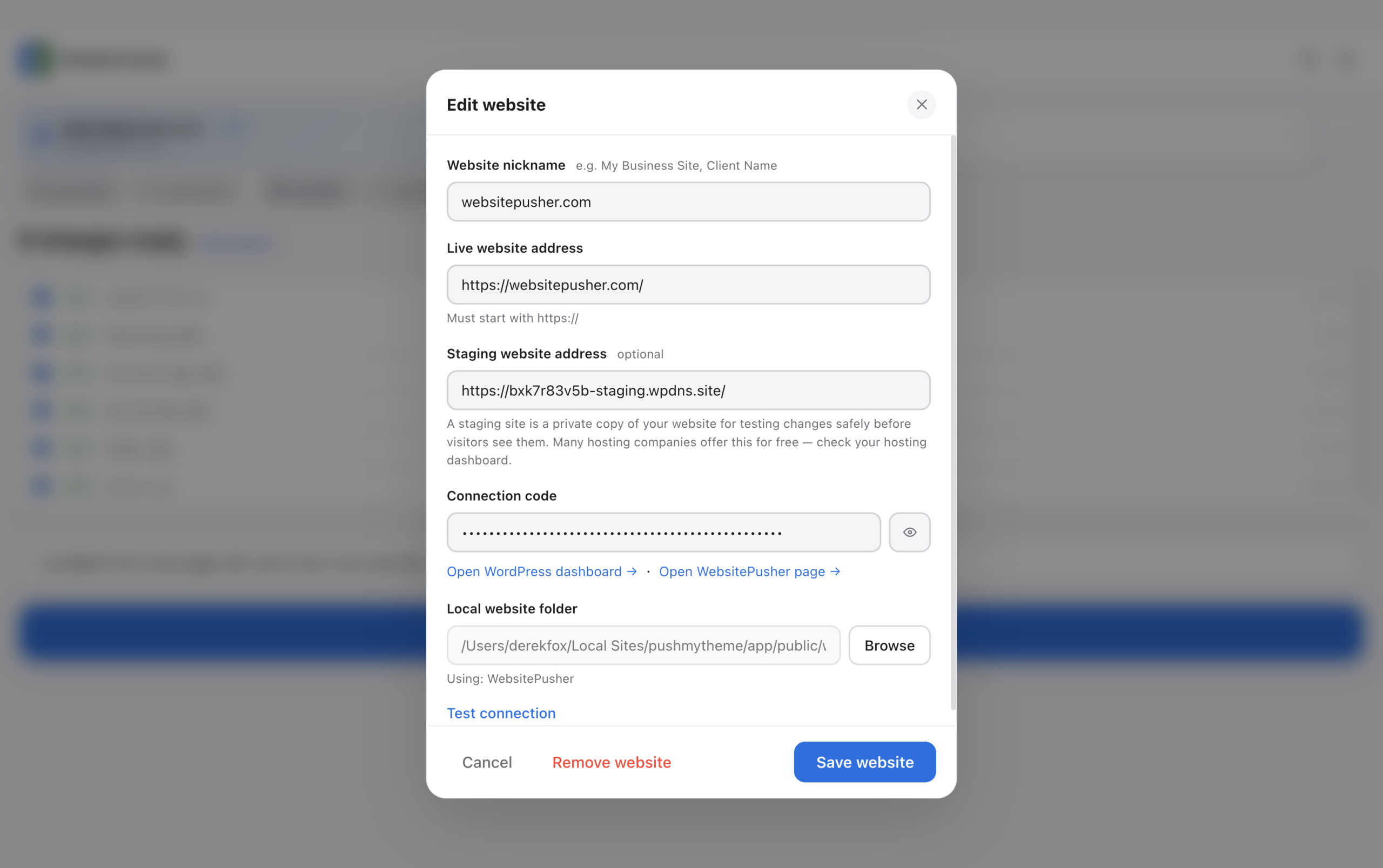 WebsitePusher settings screen